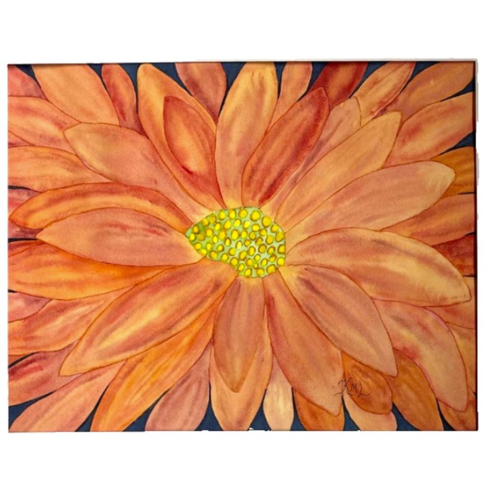 PAINTING WATERCOLOR ORIGINAL ART FLOWER DAISY GERBERA ORANGE RED 11X14 MAT 16X20